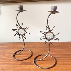 Vintage Celestial Sun Candlestick Holder Set